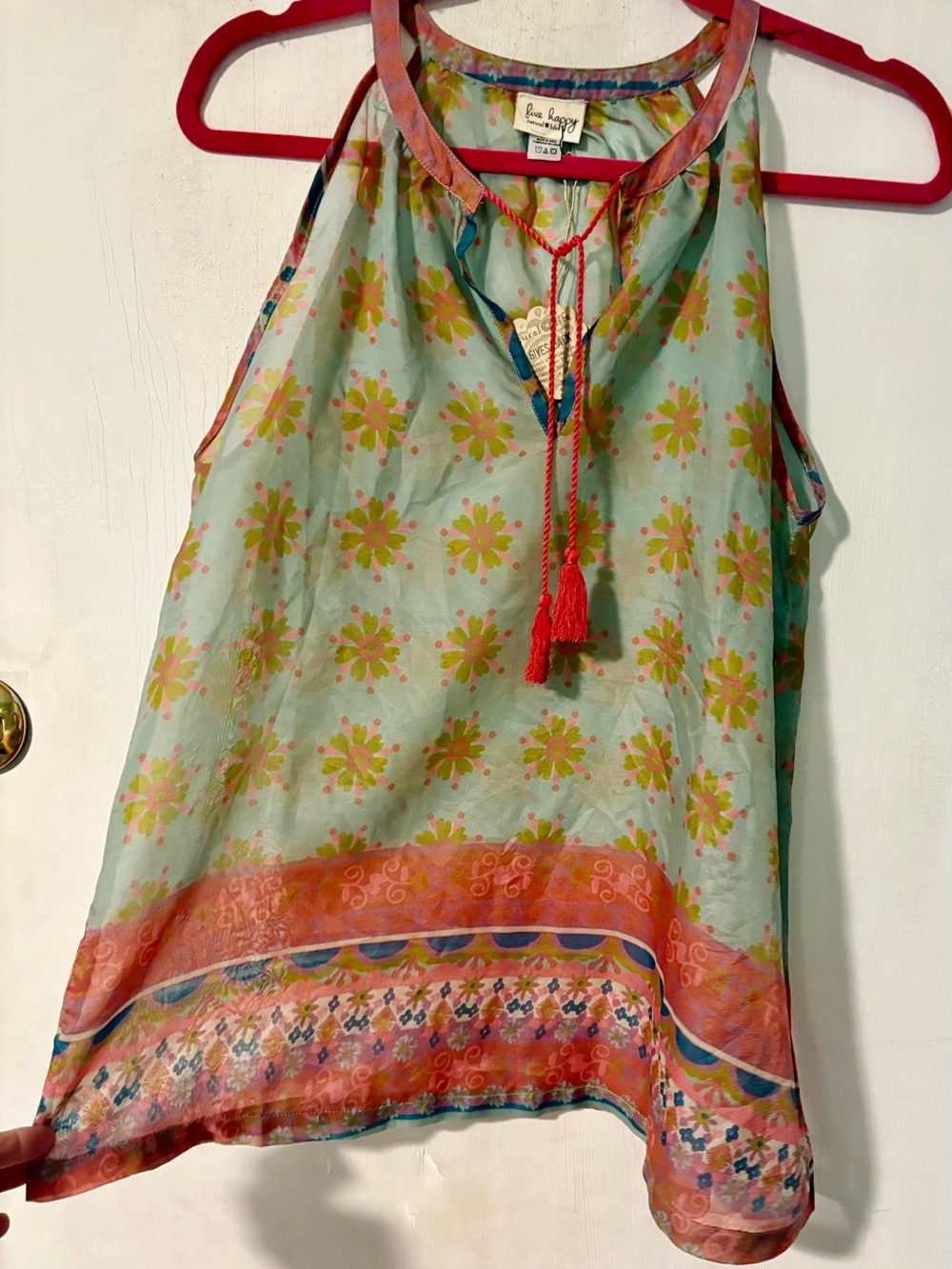 Natural Life Floral Tassel Halter Tank Turquoise and Pink.